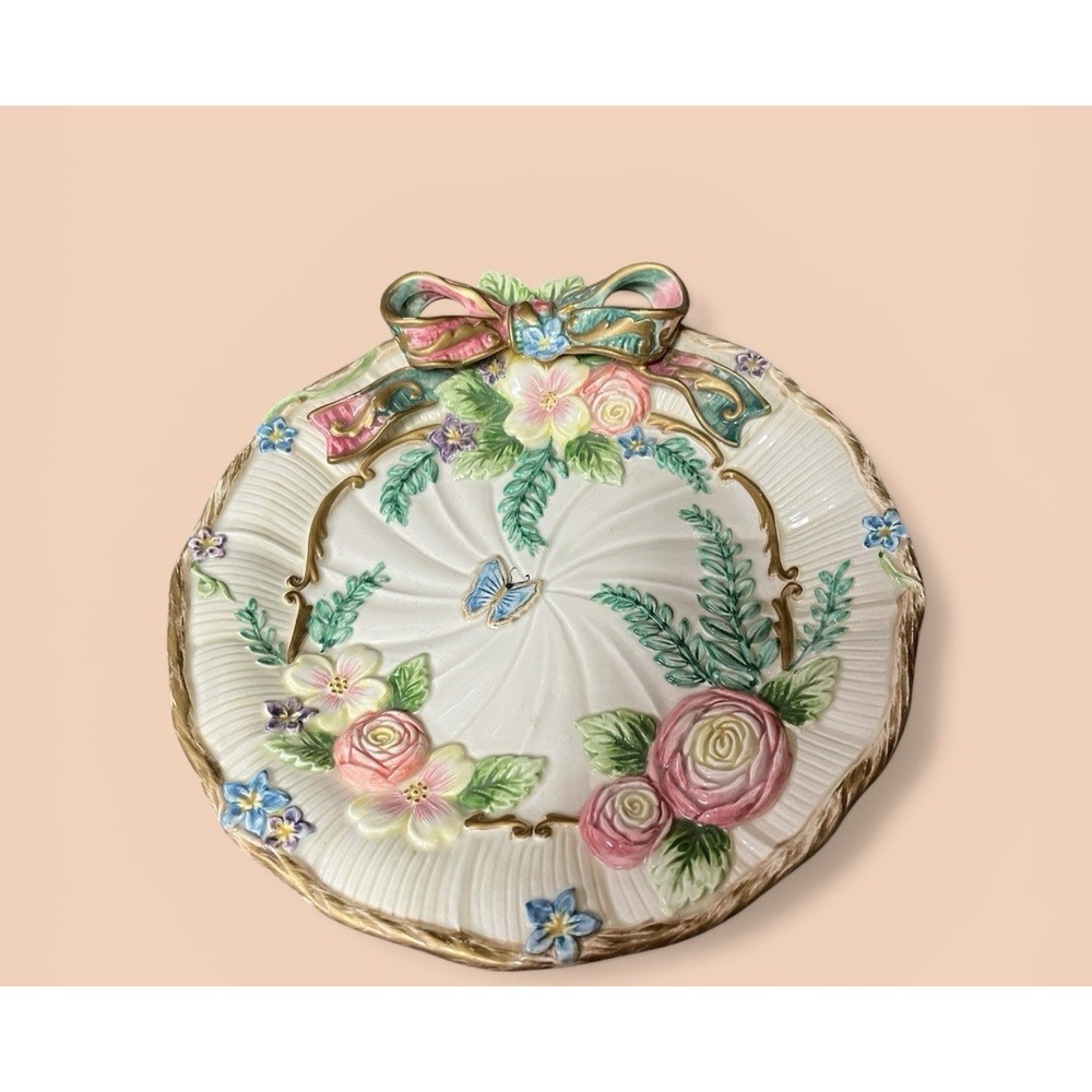 Fitz & Floyd Woodland Spring Canape Plate Pastel Flowers Rose Cottagecore Ribbon